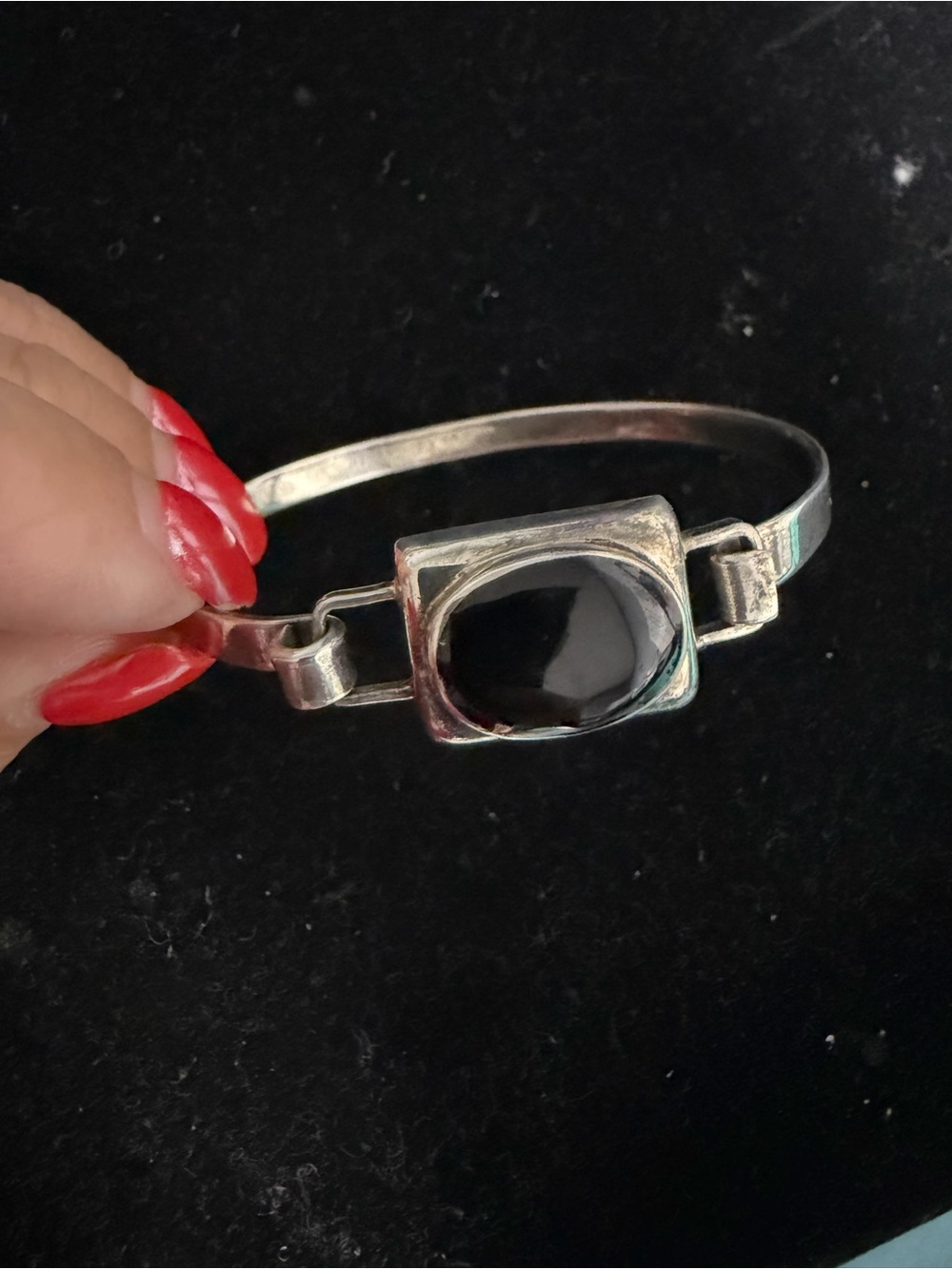 925 Sterling Silver Black Onyx Cabochon Bangle Bracelet